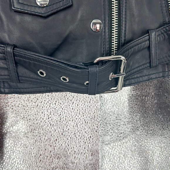 LTH JKT Mya Cropped Leather Moto Biker Jacket in Ocean Navy - Picture 4 of 8